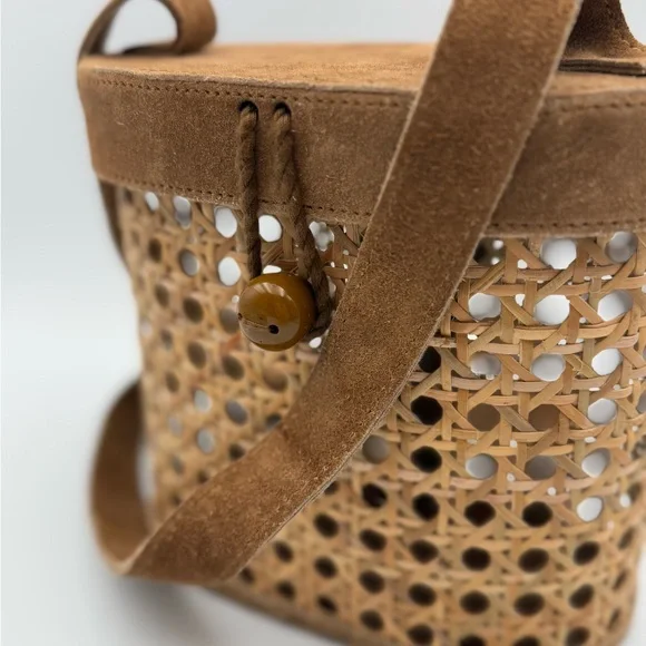 Cane Rattan And Suede Crossbody Bucket Bag - Picture 5 of 12